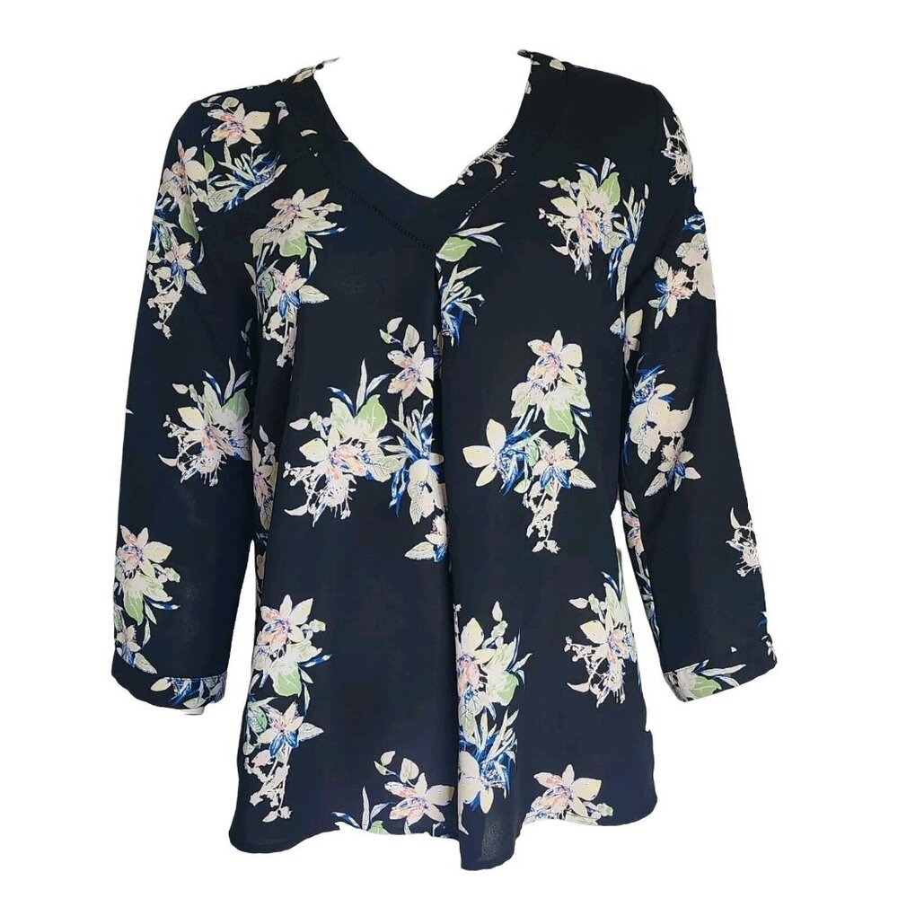 41 HAWTHORN Stitch Fix Black Floral 3/4 Sleeve Pullover Top Womens Size M Medium